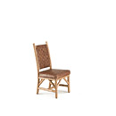 Rustic Dining Side Chair #1184 with Woven Leather Back shown in Pecan Premium Finish (on Peeled Bark) La Lune Collection